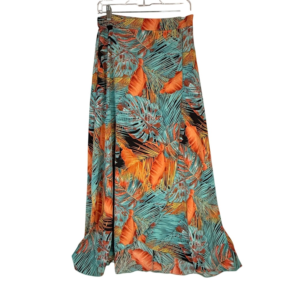 Tropical Faux Wrap Maxi Skirt Womens M/L Teal Orange Palm Print Boho Resort